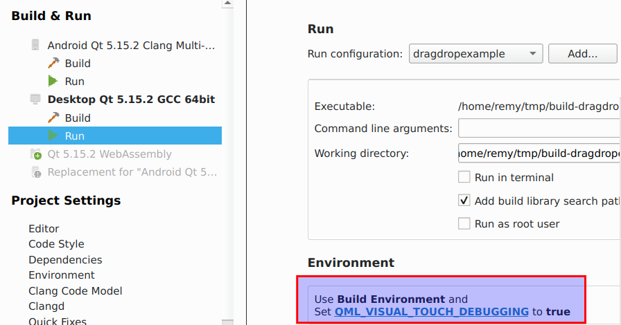 qt creator env settings